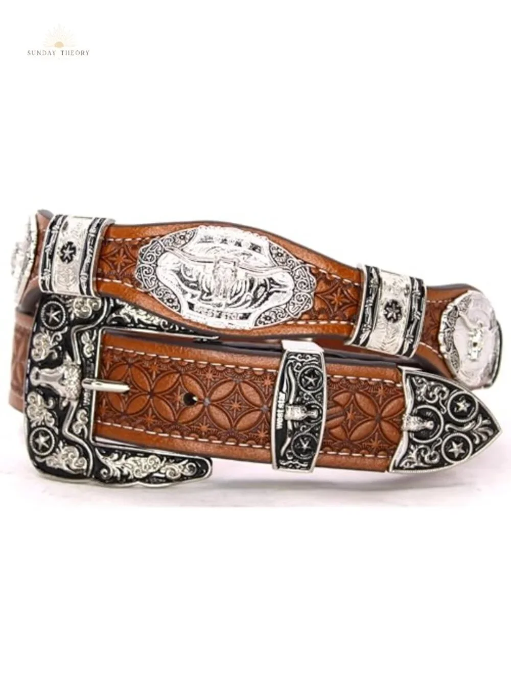 Genuine Leather Concho Belt - Ornate Silver Star Buckle Western